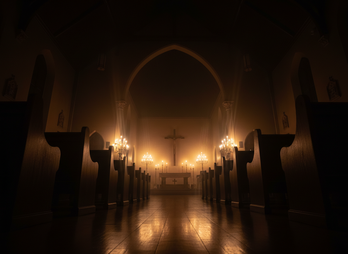 Historic AME Zion church interior lit by warm golden candlelight against deep black shadows